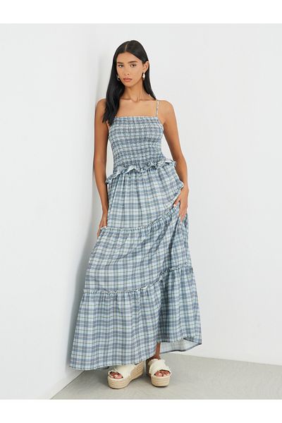 Styli Checked Print Ruffled Detail Strappy Maxi Dress