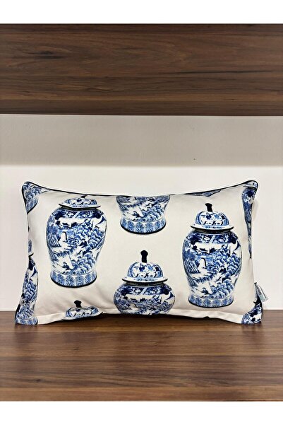 KIRLENTİM E433-3050 White Background Double Sided Patterned Fully Filled Throw Pillow with Piping on the Edges