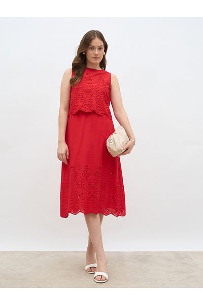 Styli Women Red Schiffli Sleeveless A-Line Midi Dress