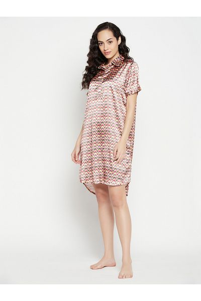 Clovia By Styli All-Over Print Half-Button Front Satin Nightdress