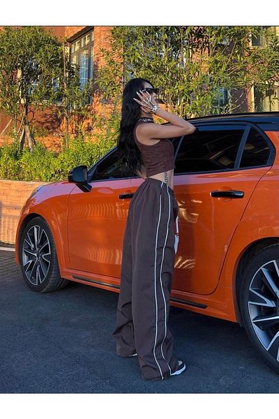 RockMore Y2K Brown Double Stripe Parachute Pants