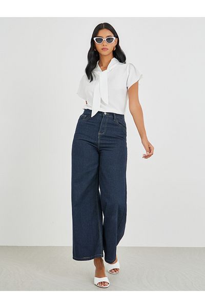 Take Two By Styli Solid Tie Up Neck Short Sleeve Blouse