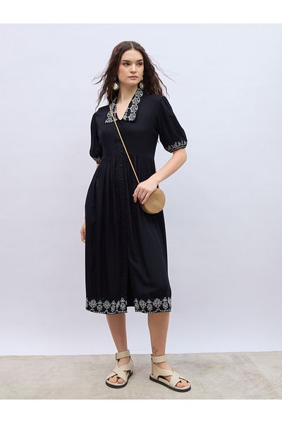 Styli Embroidered V Neck Puff Sleeves A-Line Midi Dress