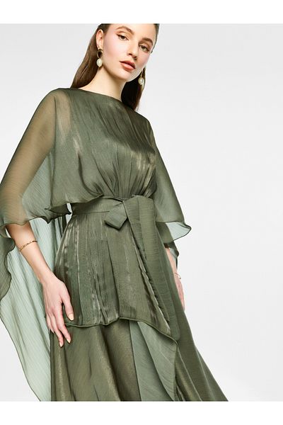 House of Moda By Styli Organza Cape Sleeve Waist Tie-Up Maxi Dress