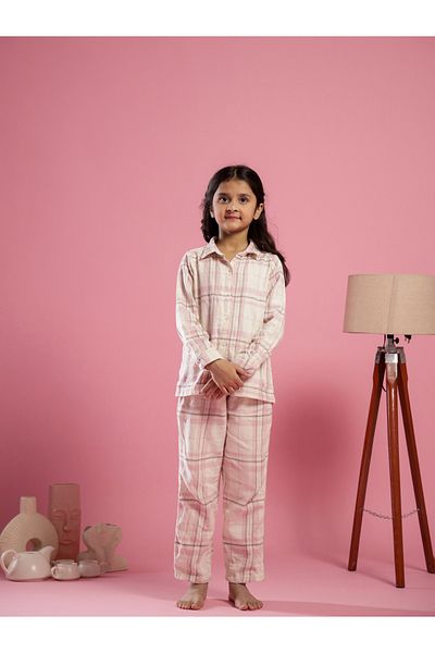 Sanskrutihomes By Styli Girls Pink Checked Cotton Shirt and Pyjama Set