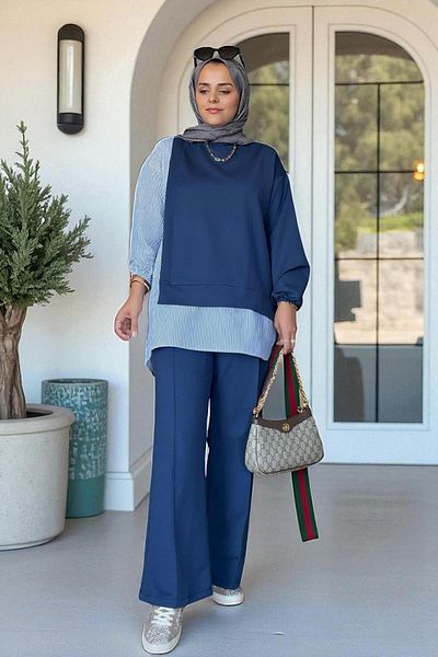 Aselim Hijap Moda طقم مكون من قطعتين مع تونيك مزين بقميص مخطط |   بنطلون واسع مع جيوب وأكمام وطويلة باللون الأزرق الداكن
