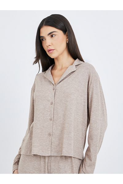 Styli Women Beige Melange Shirt and Wide Leg Pyjama Set