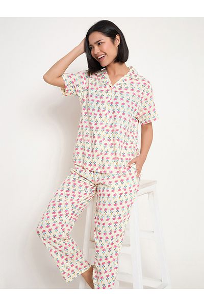Clovia By Styli All-Over Print Button Down Shirt and Pyjama Set