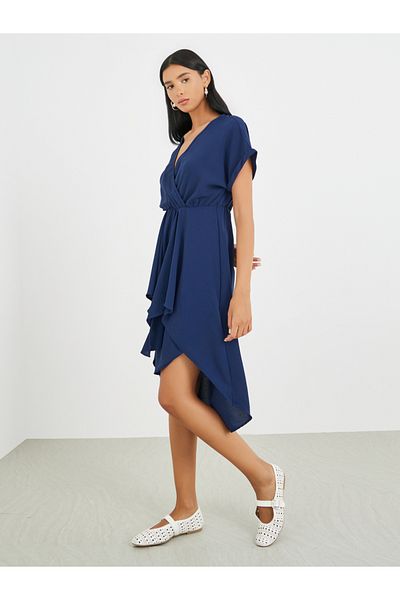 Take Two By Styli Solid Short Sleeve Asymmetric Hem Knee Length Dress
