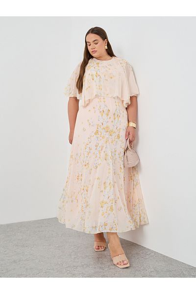 Styli Floral Print Cape Sleeve A-Line Maxi Dress