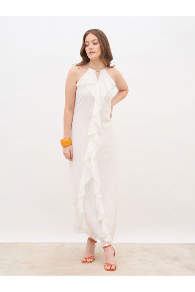 Styli Solid Ruffle Detail Sleeveless A-Line Maxi Dress