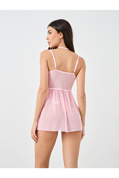 Take Two By Styli Women Solid Lace Wired Mesh Cami Dress with Thong and Necklace