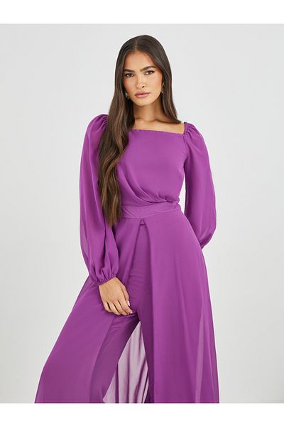 Styli Balloon Sleeve Square Neck Skirt Layer Detail Jumpsuit