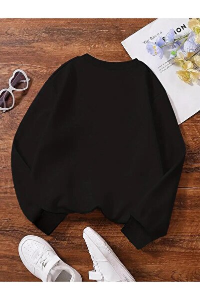 caddekombin Happy Printed Crew Neck Black Sweatshirt