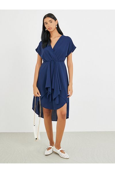 Take Two By Styli Solid Short Sleeve Asymmetric Hem Knee Length Dress