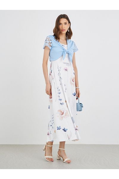 Take Two By Styli Women Floral Print Maxi Dress and Tie Front Lace Sleeve Top Set