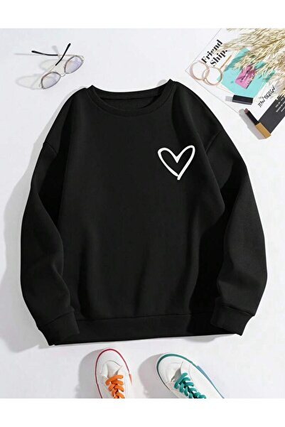 caddekombin Біла серце груди і рукави друковані велосипед комір чорний світшот