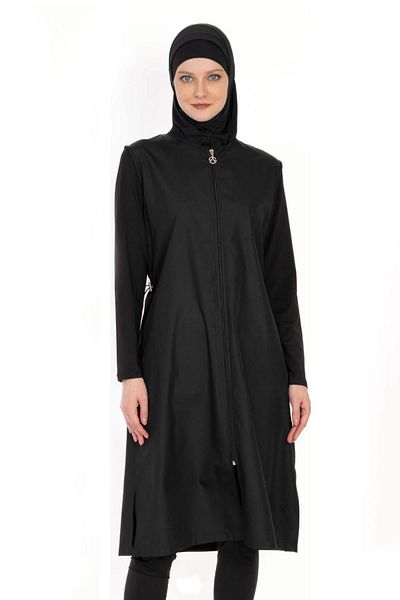 allsea Plain Black Full Covered Hijab Swimsuit – Zippered C5T4N06
