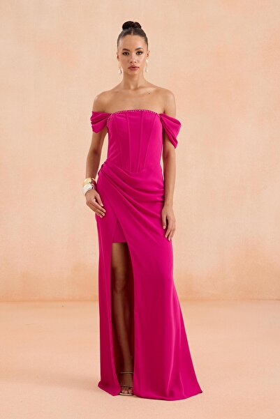 Carmen Fuşya Sırtı Bağlamalı Krep Abiye Elbise