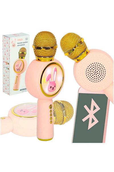Micostore Wireless Karaoke Microphone with Bluetooth, Bunny Model, Voice Effects, Speaker Included, Recorder, RGB, Pink