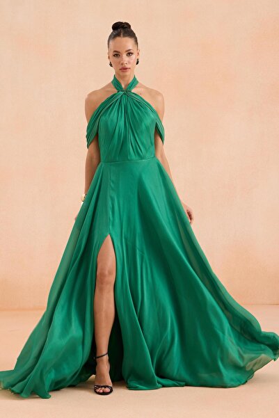 Carmen Yeşil Sırt Dekolteli Yırtmaçlı Şifon Abiye Elbise