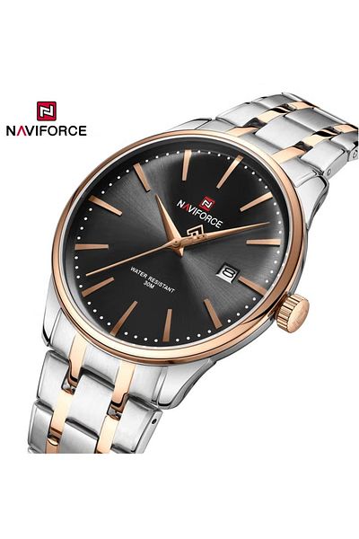 Naviforce Elegant Silver Stainless Steel Analog Wrist Watch for Men with Date Display Water Resistant