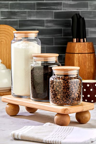 MODA OZY Set of 3 Vacuum Jars with Wooden Lid Storage Container with Stand 1300/800/500ml