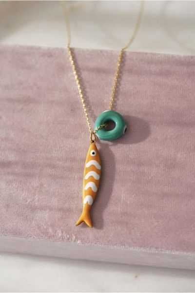AŞIK ACCESSORIES Stainless Steel Evil Eye Colored Fish Necklace