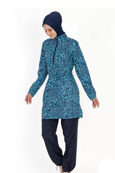 allsea Blue Patterned Full Covered Hijab Swimsuit – Half Zipper C9T3N06