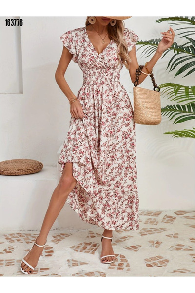 moda wanilia Women's Elastic Waist Floral Patterned Double Breasted Collar Single Breasted Dress