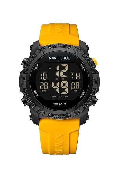 Naviforce Stylish Mens Digital Sports Watch with Black Dial Yellow Silicone Strap Water Resistant