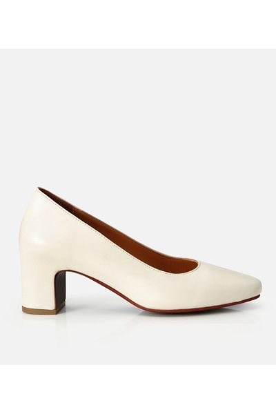 Hotiç Women's Leather Ecru Comfortable Thick Heeled Shoes