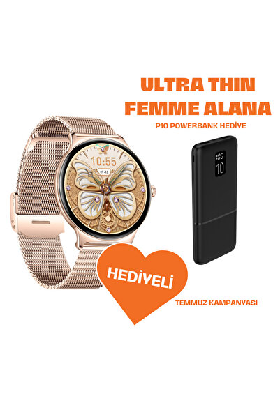 LOGIA Powerbank Hediyeli Ultra Thin Femme Akıllı Saat Yuvarlak Çelik Kasa Metal Kordon Gold