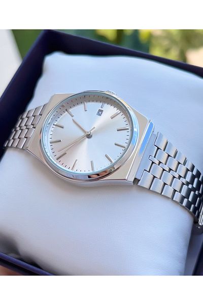 Weluxa Silver Color 36 mm Small Case Calendar Steel Cord Men's Wrist Watch