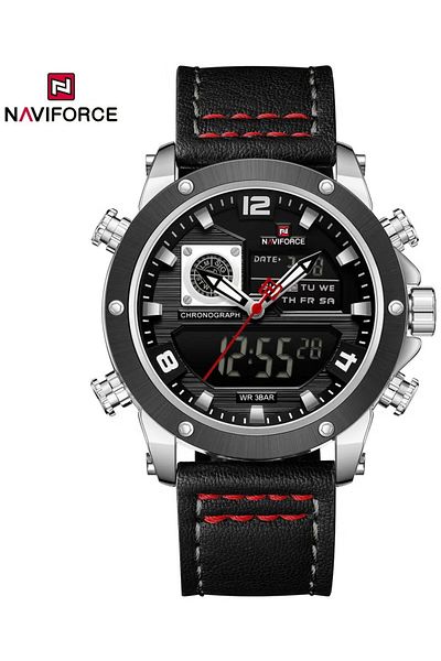 Naviforce Stylish Mens Dual Time Chronograph Watch with Black Dial Leather Strap