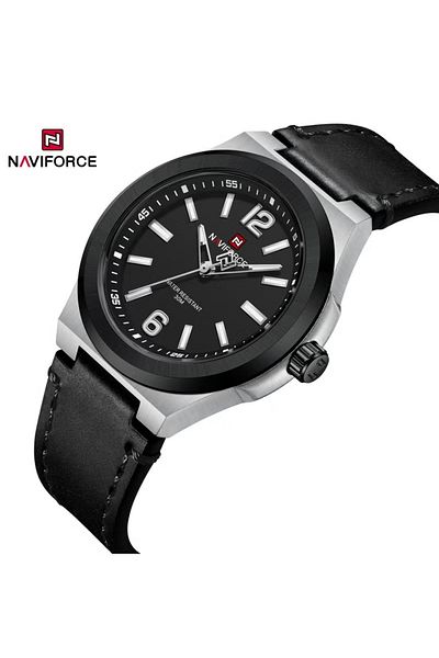 Naviforce Stylish Stainless Steel Analog Wrist Watch for Men with Leather Strap Water Resistant Classic Design