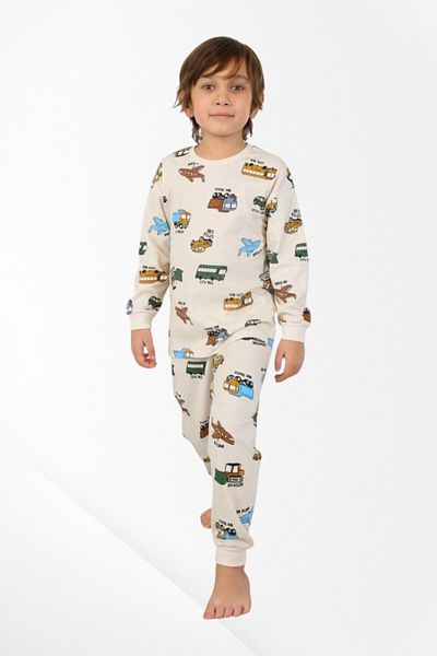 Pajama Shop Boys' 100% Cotton Cream Color Bus Airplane Scoop Truck Pattern Long Sleeve Winter Pajamas Set