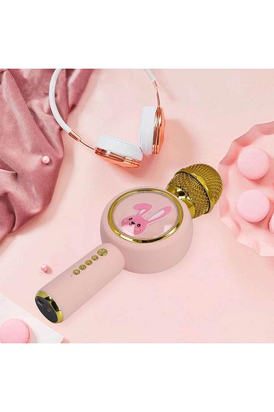 Micostore Wireless Karaoke Microphone with Bluetooth, Bunny Model, Voice Effects, Speaker Included, Recorder, RGB, Pink