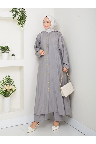 HARMAN BUTİK Women's Buttoned Strawberry Fabric Gray Double Suit