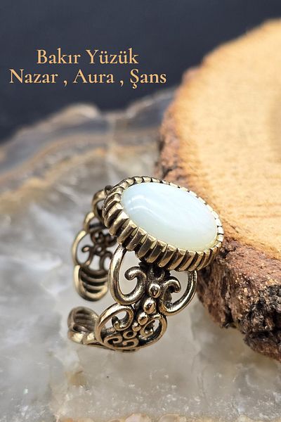 NBS Beautiful Naturel Stones Copper Pure Ring Adjustable Selenite Design Quality (Evil Eye) (Special Day, Gift)