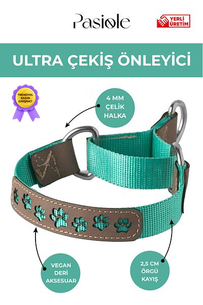 pasiole Anti-Traction Leash Choke |   Leather Front Face with Paw Print Detail |   Dog Collar
