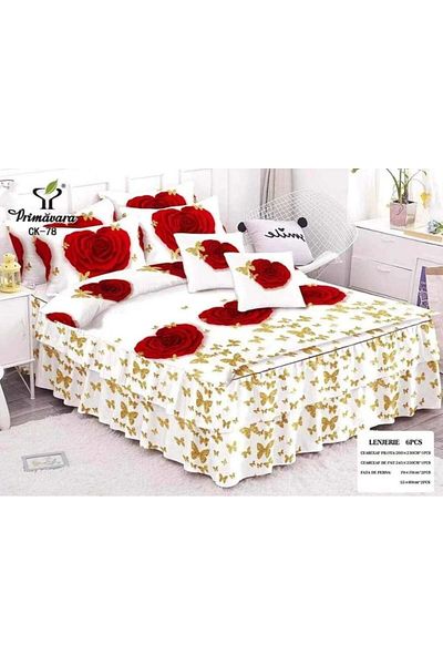 OEM Bed linen, 6 pieces, with ruffle, printed pattern, 270 x 245 cm