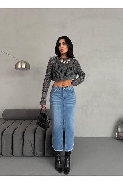 XBELLA DENİM FUSTA DE BLUZĂ DE MĂRIME MAXI PENTRU FEMEI DETALIE FĂRĂ FĂRĂ PE FAȚĂ LUNGĂ