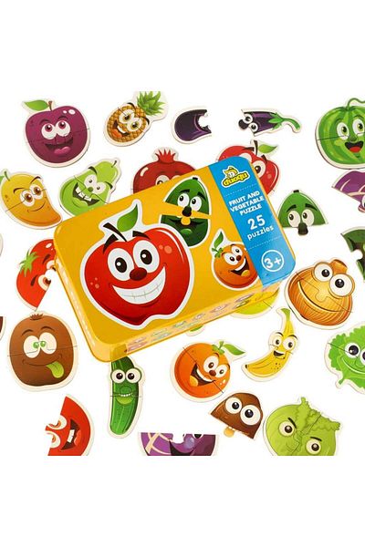 Micostore Set of 25 Educational Puzzles with Fruits and Vegetables, Metal Storage Box, 6x6 cm, 3 years+