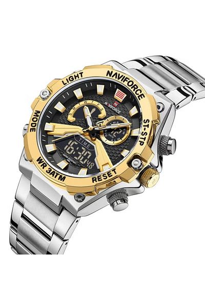 Naviforce Sport Analog-Digital Wrist Watch for Men with Stainless Steel Strap Water Resistant Multi-Function