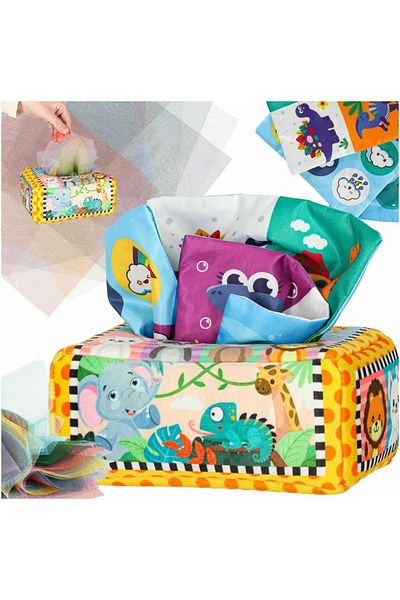 Micostore Box of Colored Napkins, Sensory, Montessori, 6 Months+, Baby Toy