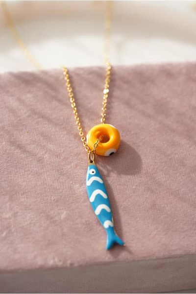 AŞIK ACCESSORIES Stainless Steel Evil Eye Colored Fish Necklace
