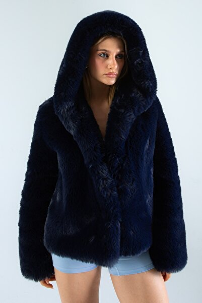 Butic Kadın Lacivert Suni Kürk Kapüşonlu Mont | Şık, Rahat, Tavşan Görünümlü