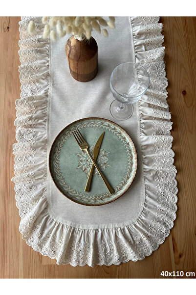 Belomia Home Collection Ham Keten Fisto Fırfırlı Oval Runner (40-110cm)