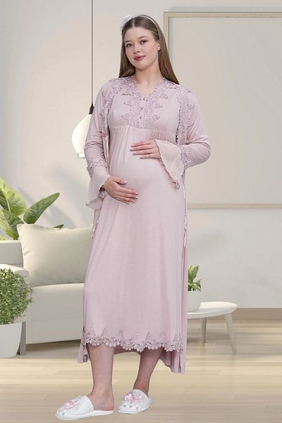 Mecit Pijama Maternity Nightgown with Morning Dress 2 Piece Set 75% Cotton, 25% Viscose Guipure Detail